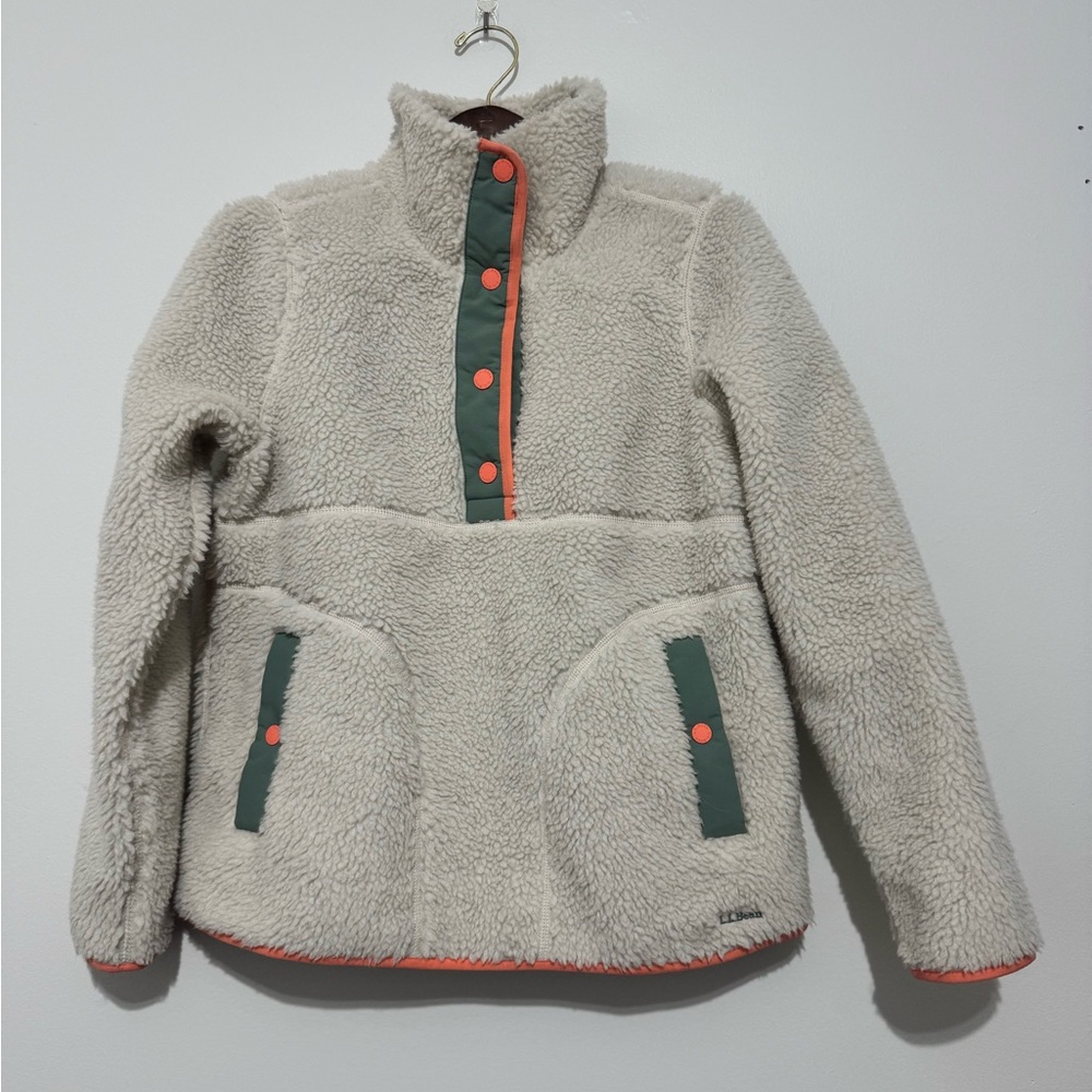 NWT LL Bean Women SzMedium Sherpa Fleece Pullover Quarter Snap Ivory/Green/Coral